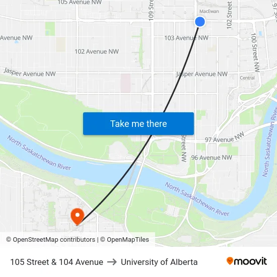 105 Street & 104 Avenue to University of Alberta map