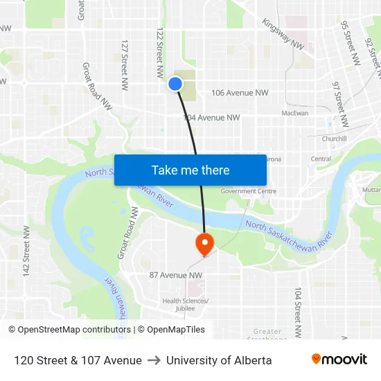 120 Street & 107 Avenue to University of Alberta map