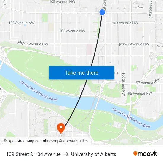 109 Street & 104 Avenue to University of Alberta map