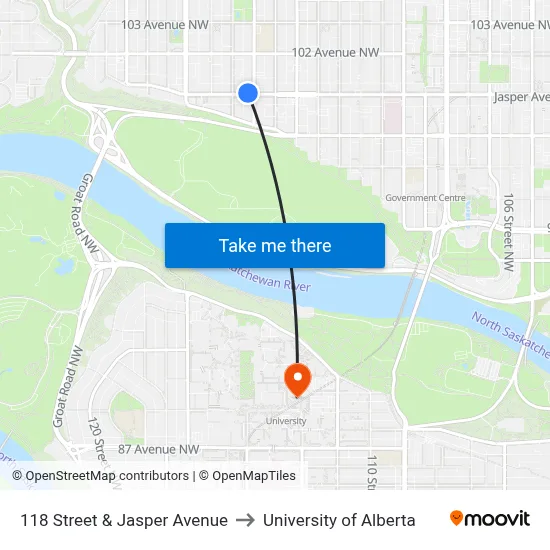 118 Street & Jasper Avenue to University of Alberta map