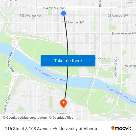 116 Street & 103 Avenue to University of Alberta map
