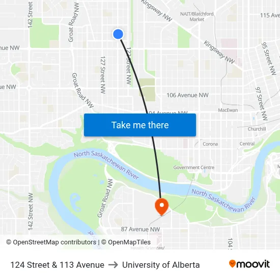 124 Street & 113 Avenue to University of Alberta map