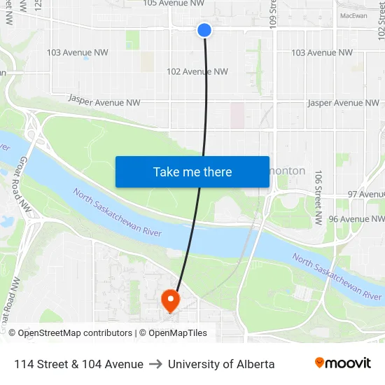 114 Street & 104 Avenue to University of Alberta map