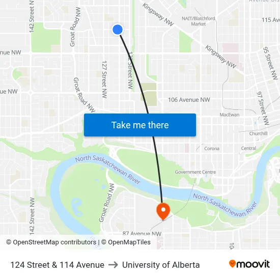 124 Street & 114 Avenue to University of Alberta map