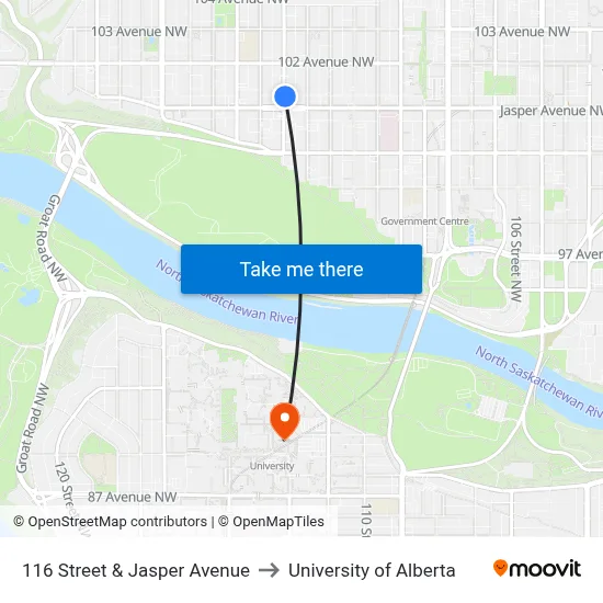 116 Street & Jasper Avenue to University of Alberta map