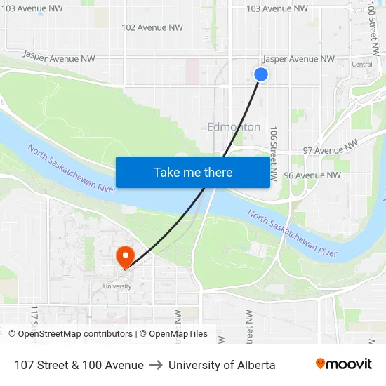 107 Street & 100 Avenue to University of Alberta map
