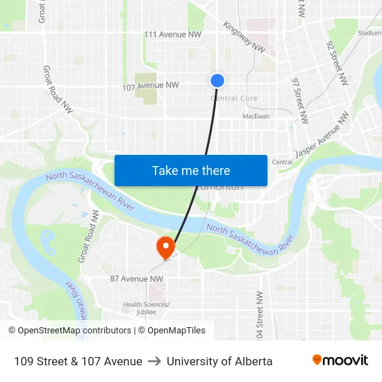 109 Street & 107 Avenue to University of Alberta map