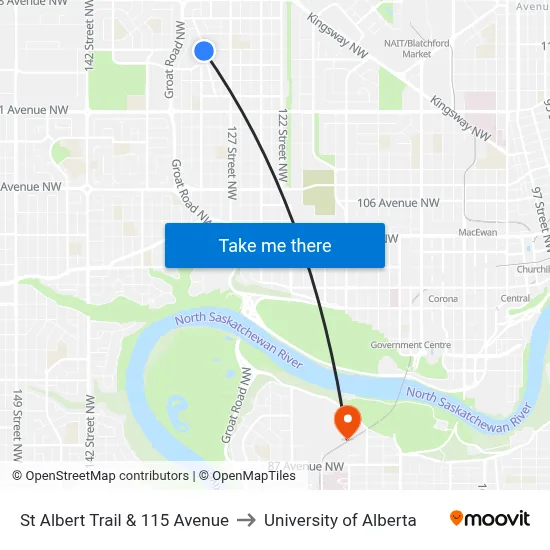 St Albert Trail & 115 Avenue to University of Alberta map