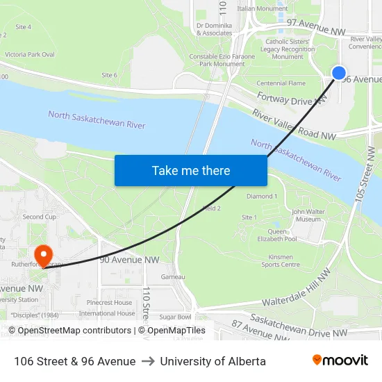 106 Street & 96 Avenue to University of Alberta map