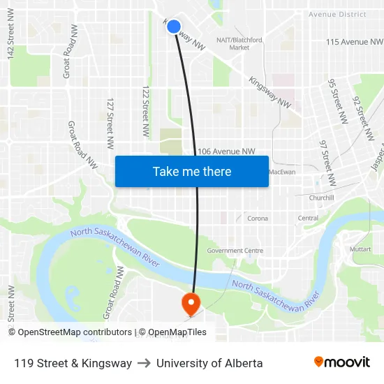 119 Street & Kingsway to University of Alberta map