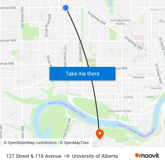 127 Street & 118 Avenue to University of Alberta map