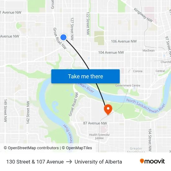 130 Street & 107 Avenue to University of Alberta map
