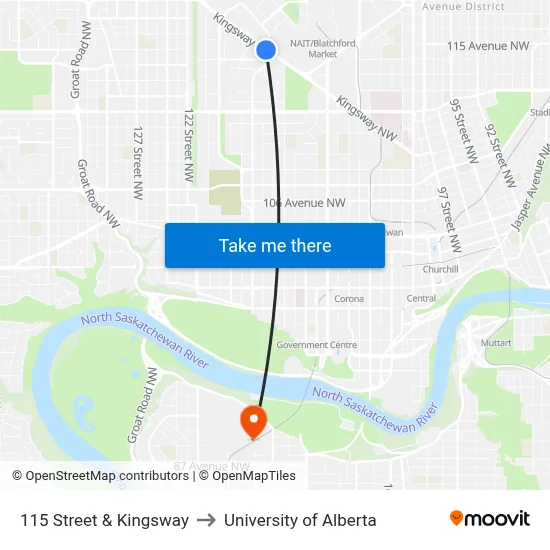 115 Street & Kingsway to University of Alberta map