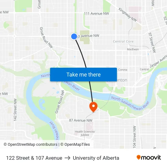 122 Street & 107 Avenue to University of Alberta map