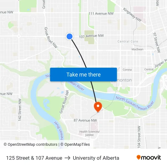 125 Street & 107 Avenue to University of Alberta map
