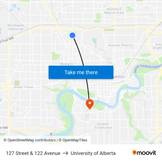 127 Street & 122 Avenue to University of Alberta map