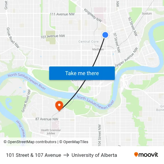 101 Street & 107 Avenue to University of Alberta map