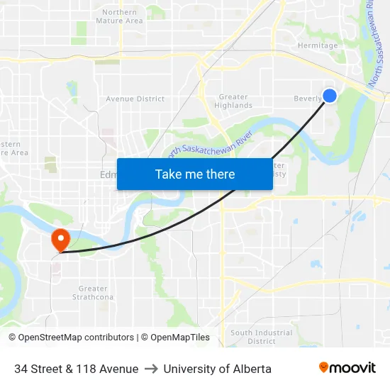 34 Street & 118 Avenue to University of Alberta map