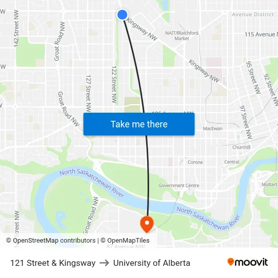 121 Street & Kingsway to University of Alberta map