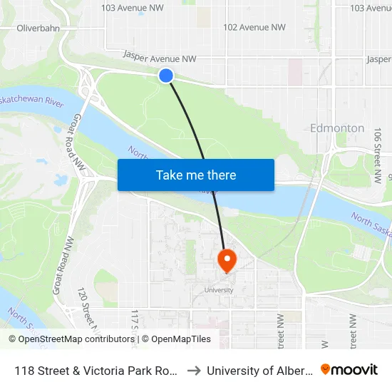 118 Street & Victoria Park Road to University of Alberta map