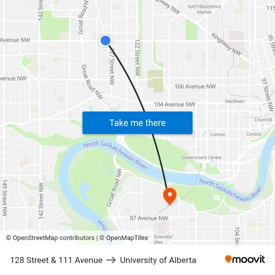 128 Street & 111 Avenue to University of Alberta map