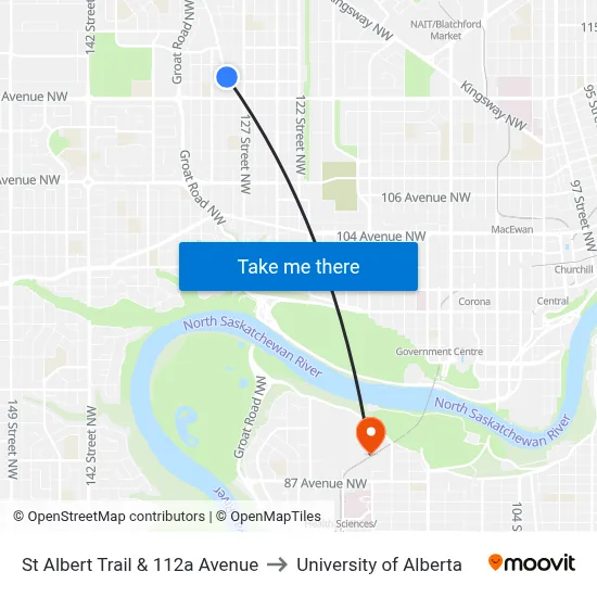 St Albert Trail & 112a Avenue to University of Alberta map