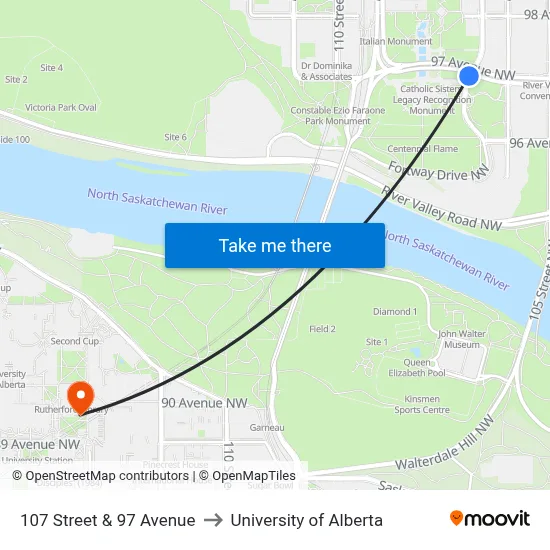107 Street & 97 Avenue to University of Alberta map