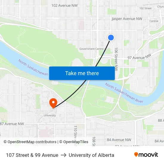 107 Street & 99 Avenue to University of Alberta map