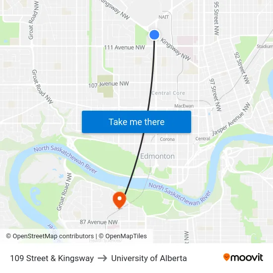109 Street & Kingsway to University of Alberta map