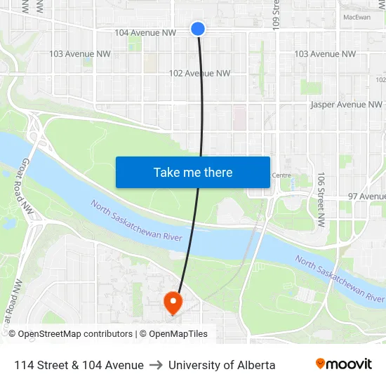 114 Street & 104 Avenue to University of Alberta map