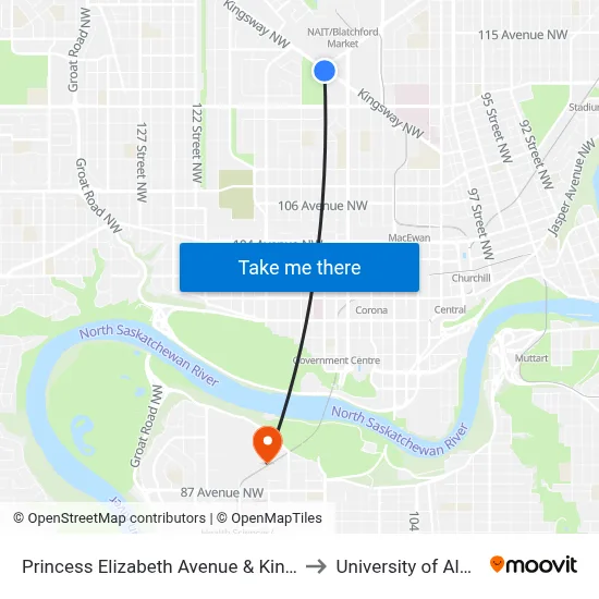 Princess Elizabeth Avenue & Kingsway to University of Alberta map
