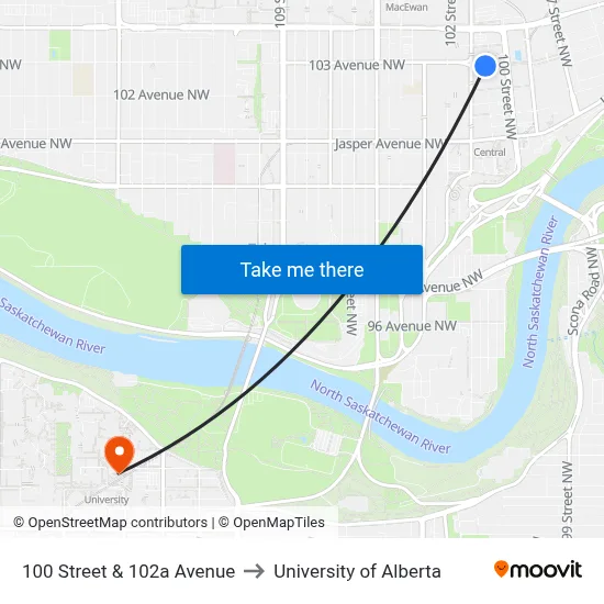 100 Street & 102a Avenue to University of Alberta map