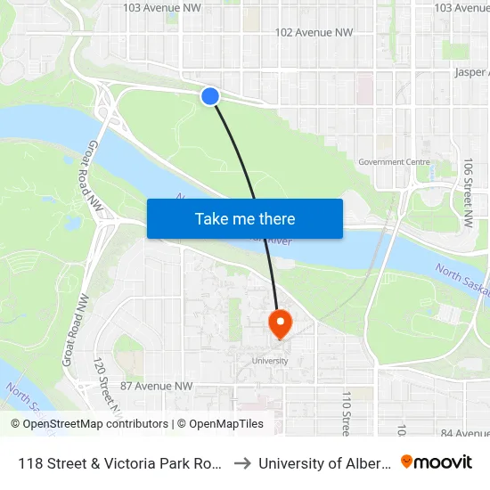 118 Street & Victoria Park Road to University of Alberta map