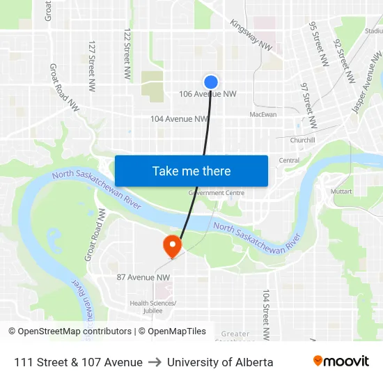 111 Street & 107 Avenue to University of Alberta map