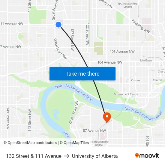 132 Street & 111 Avenue to University of Alberta map