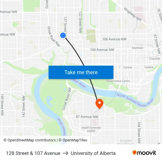 128 Street & 107 Avenue to University of Alberta map