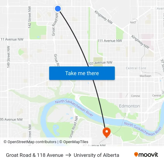 Groat Road & 118 Avenue to University of Alberta map