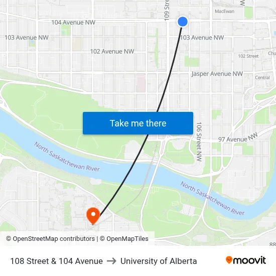 108 Street & 104 Avenue to University of Alberta map