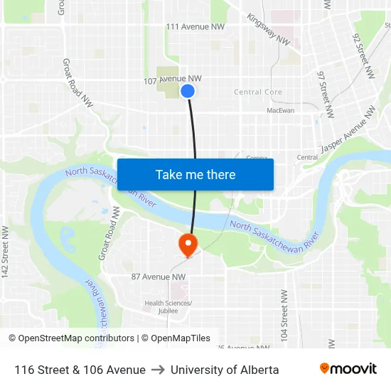 116 Street & 106 Avenue to University of Alberta map