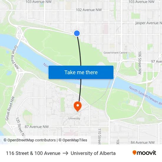 116 Street & 100 Avenue to University of Alberta map