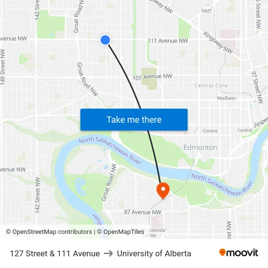 127 Street & 111 Avenue to University of Alberta map