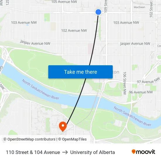 110 Street & 104 Avenue to University of Alberta map