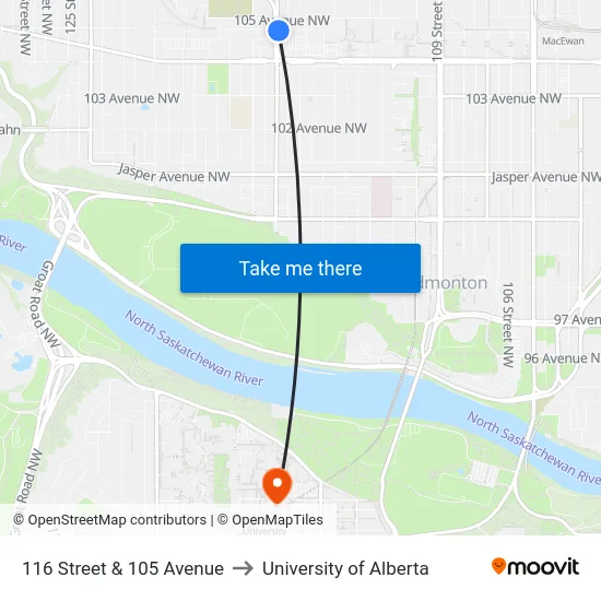 116 Street & 105 Avenue to University of Alberta map