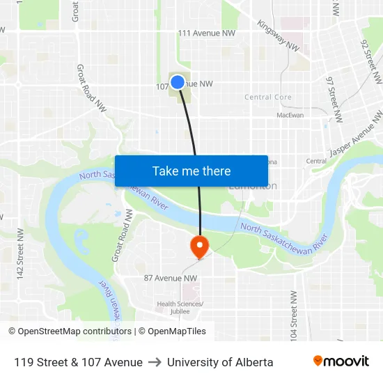 119 Street & 107 Avenue to University of Alberta map