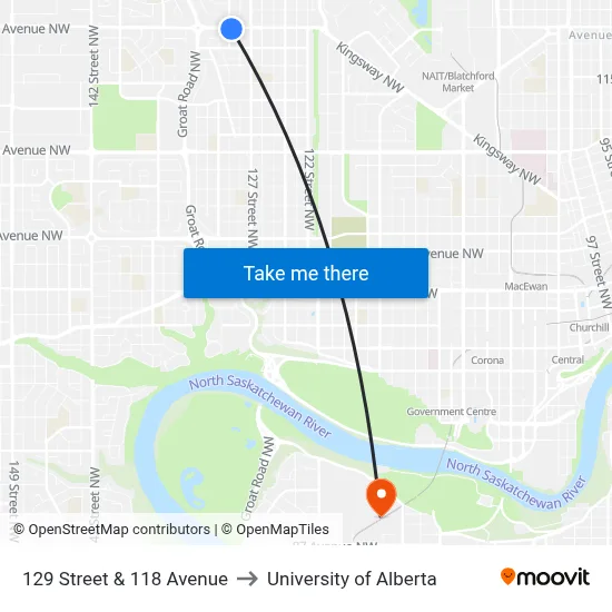 129 Street & 118 Avenue to University of Alberta map