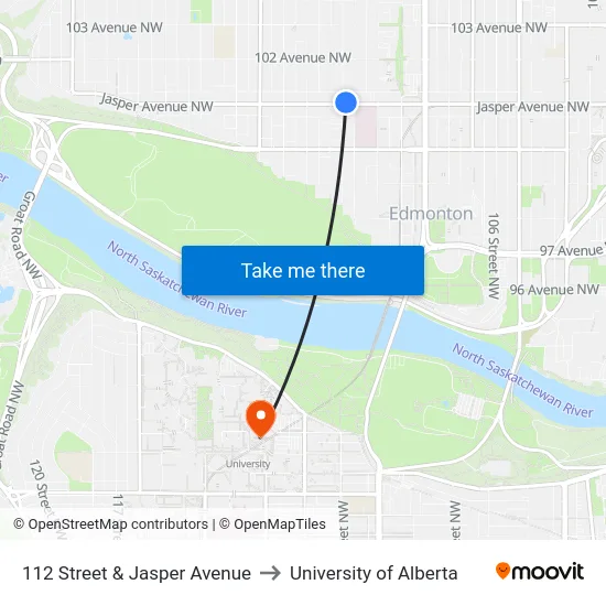112 Street & Jasper Avenue to University of Alberta map