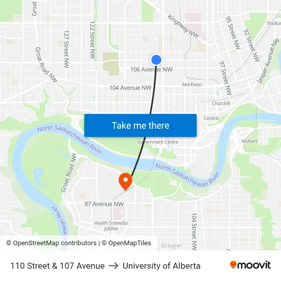 110 Street & 107 Avenue to University of Alberta map