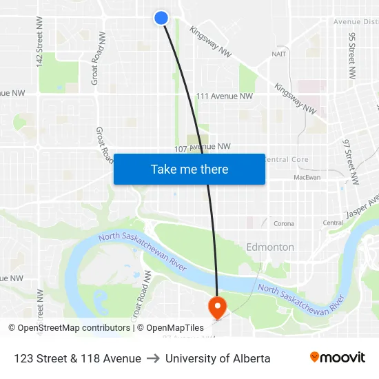 123 Street & 118 Avenue to University of Alberta map