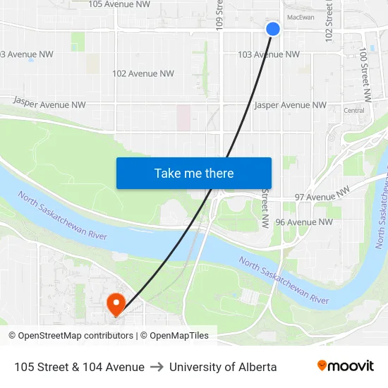 105 Street & 104 Avenue to University of Alberta map