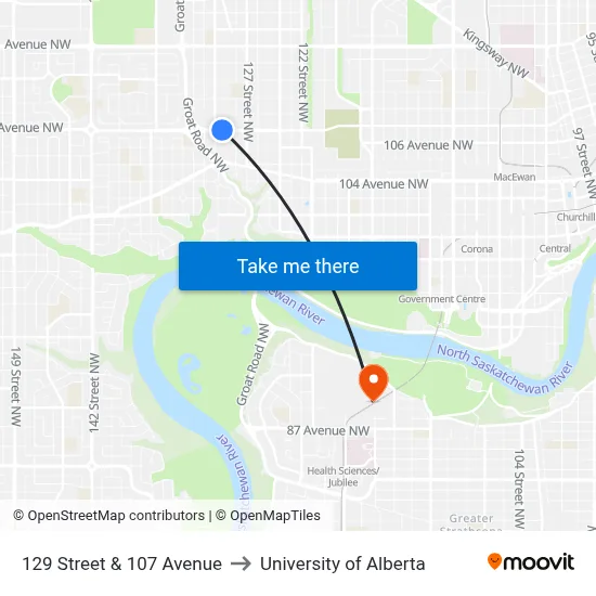 129 Street & 107 Avenue to University of Alberta map